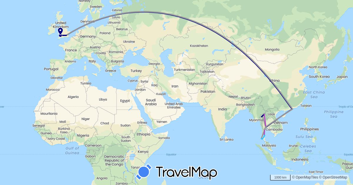 TravelMap itinerary: driving, plane, train, boat in China, United Kingdom, Thailand (Asia, Europe)